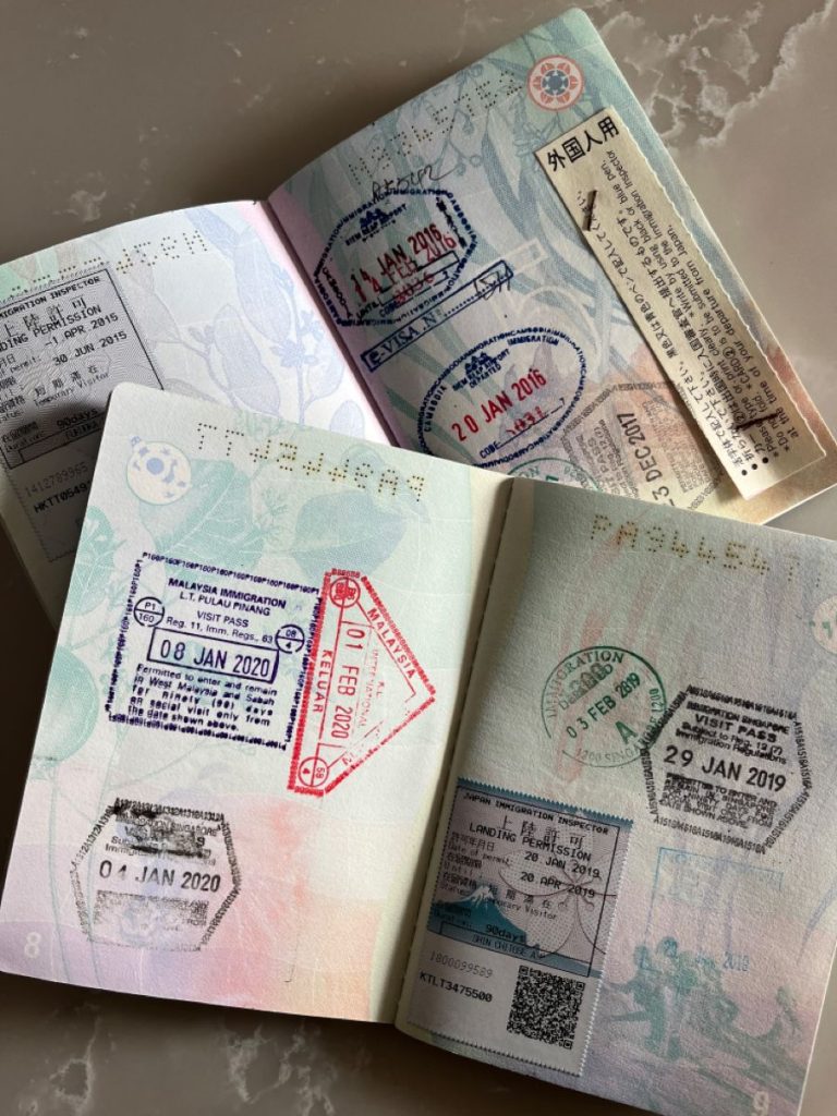 aesthetic travel diary story template passport stamp story template with distressed stamps and travel photos