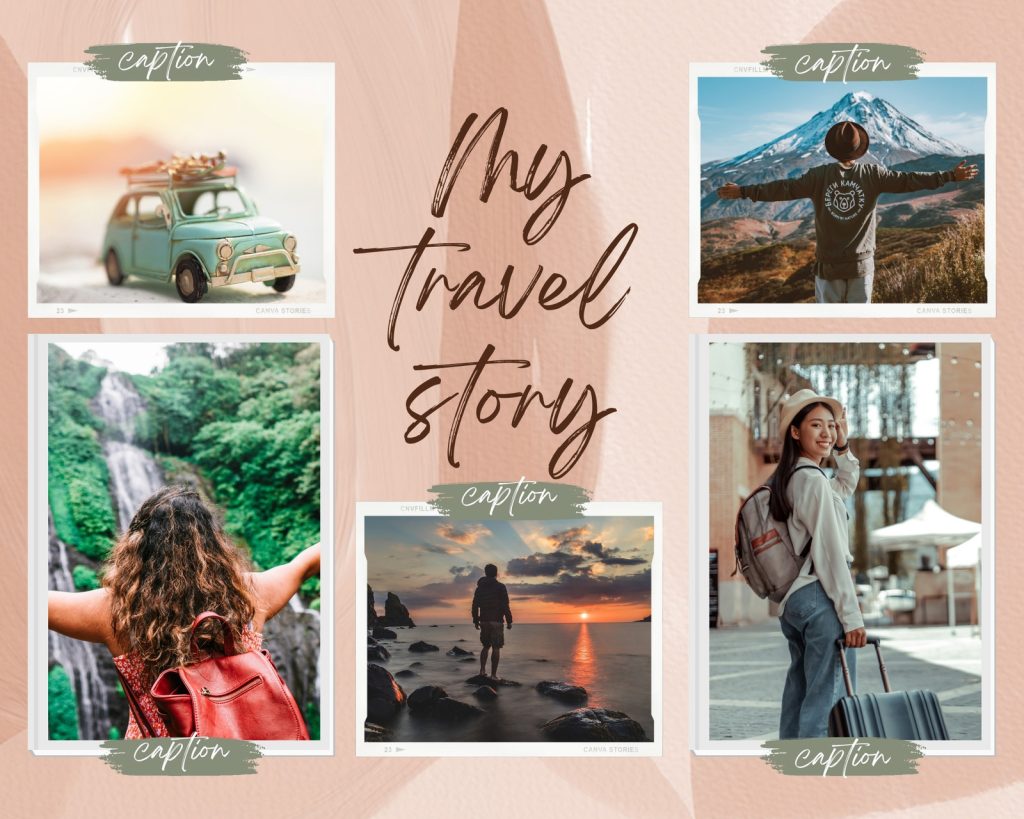 aesthetic travel diary story template polaroid travel collage template pastel background handwritten captions