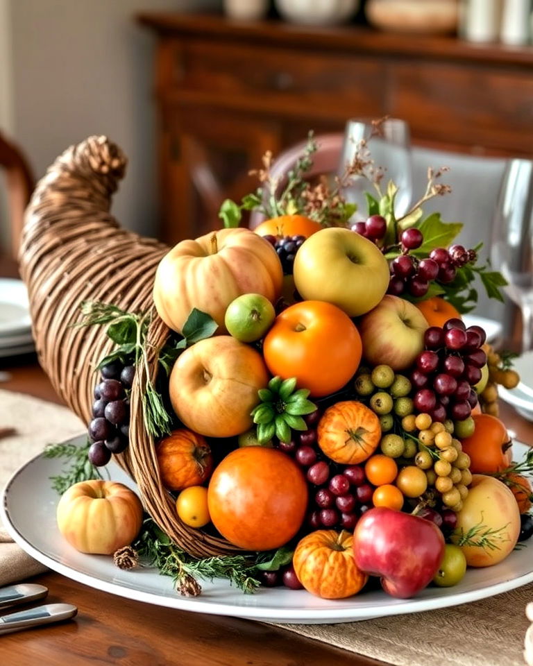 cornucopia centerpiece with fruits and vegetables aesthetic Thanksgiving story template