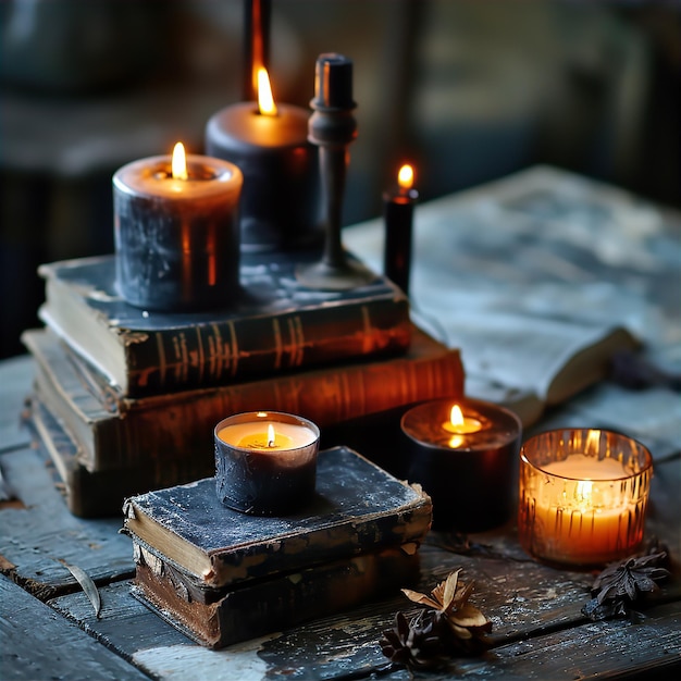 free editable aesthetic story template dark academia aesthetic Instagram story template with old book and candle on wooden table